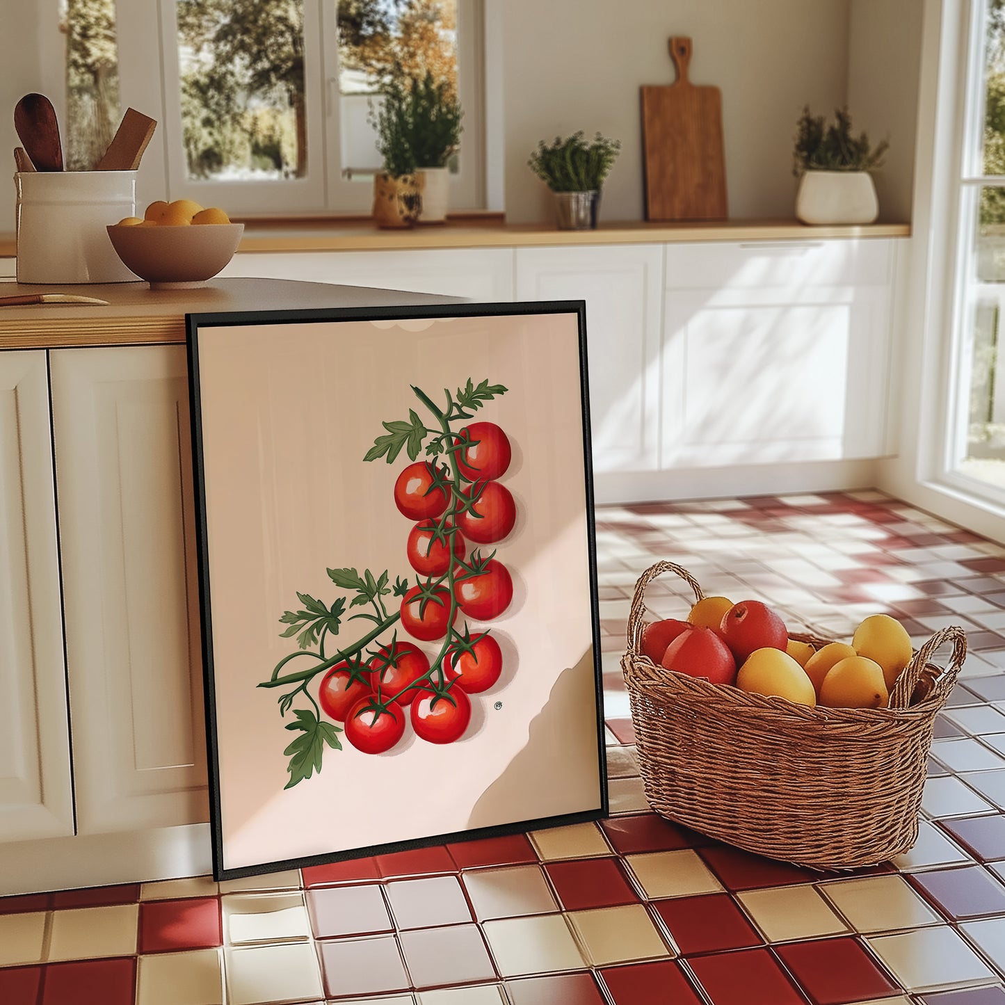 Framed artwork of tomatoes on a kitchen counter with a basket of fruits.