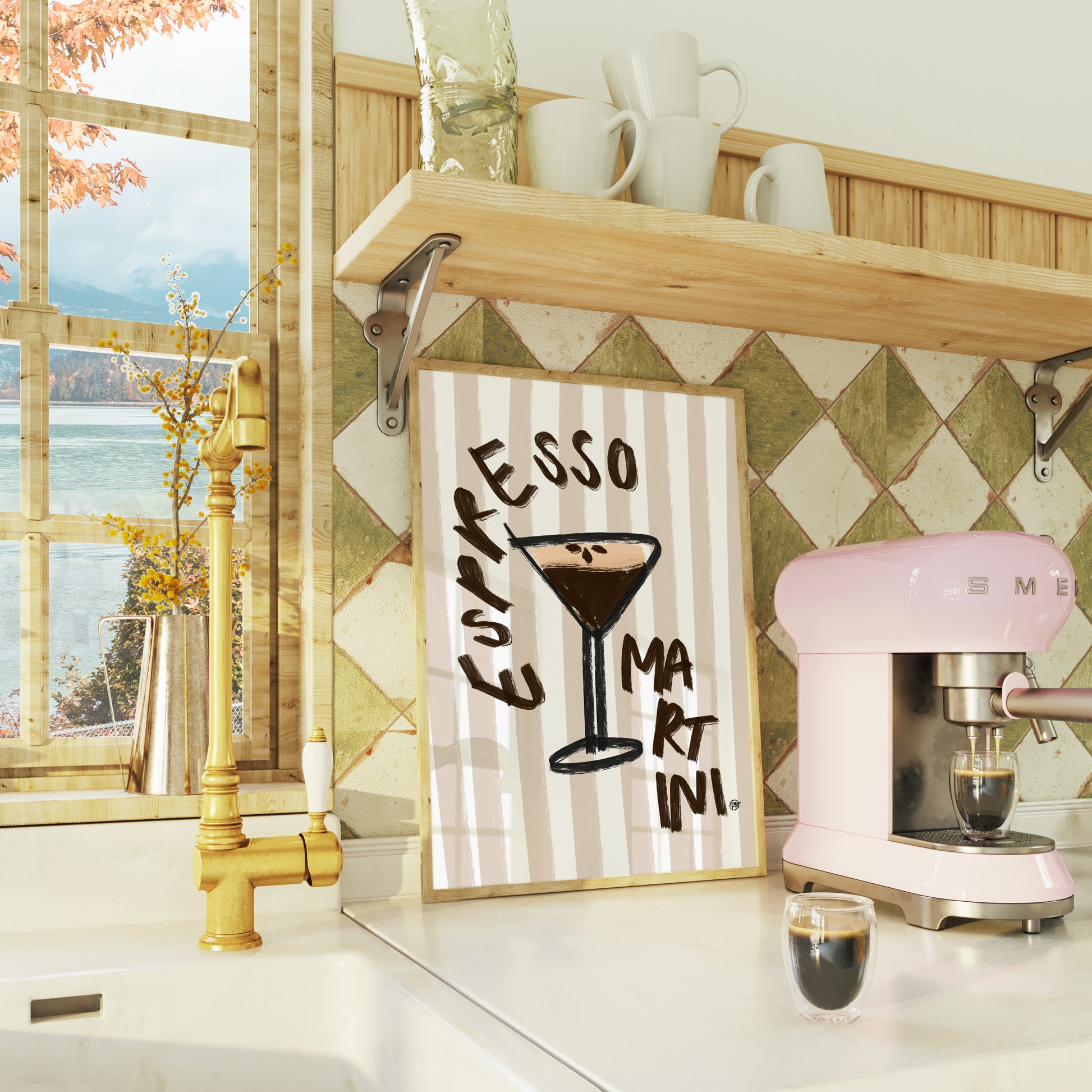 Kitchen counter with a pink coffee machine, glass of coffee, and 'Espresso Martini' PRINT.