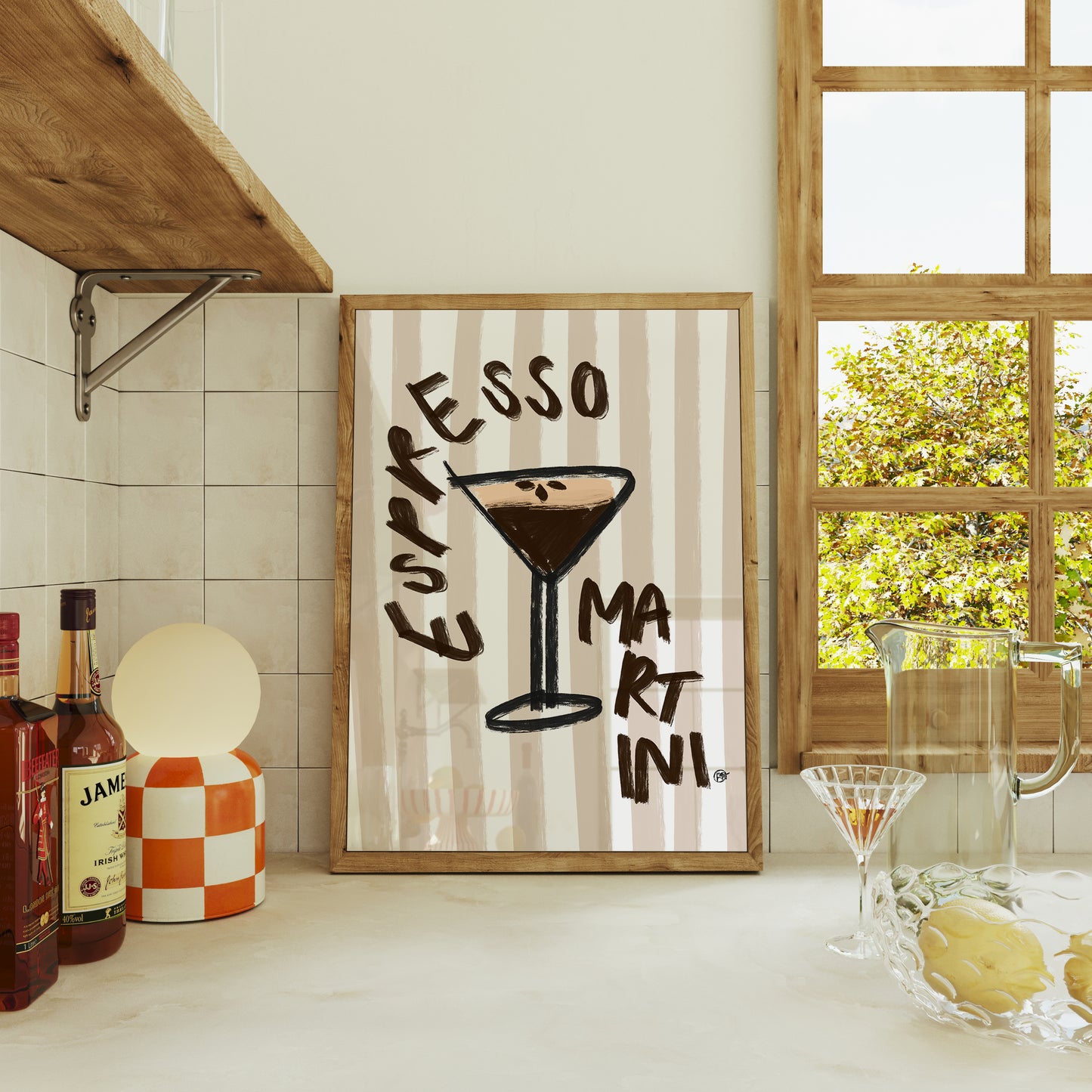 Framed artwork with 'Espresso Martini' text in a kitchen setting