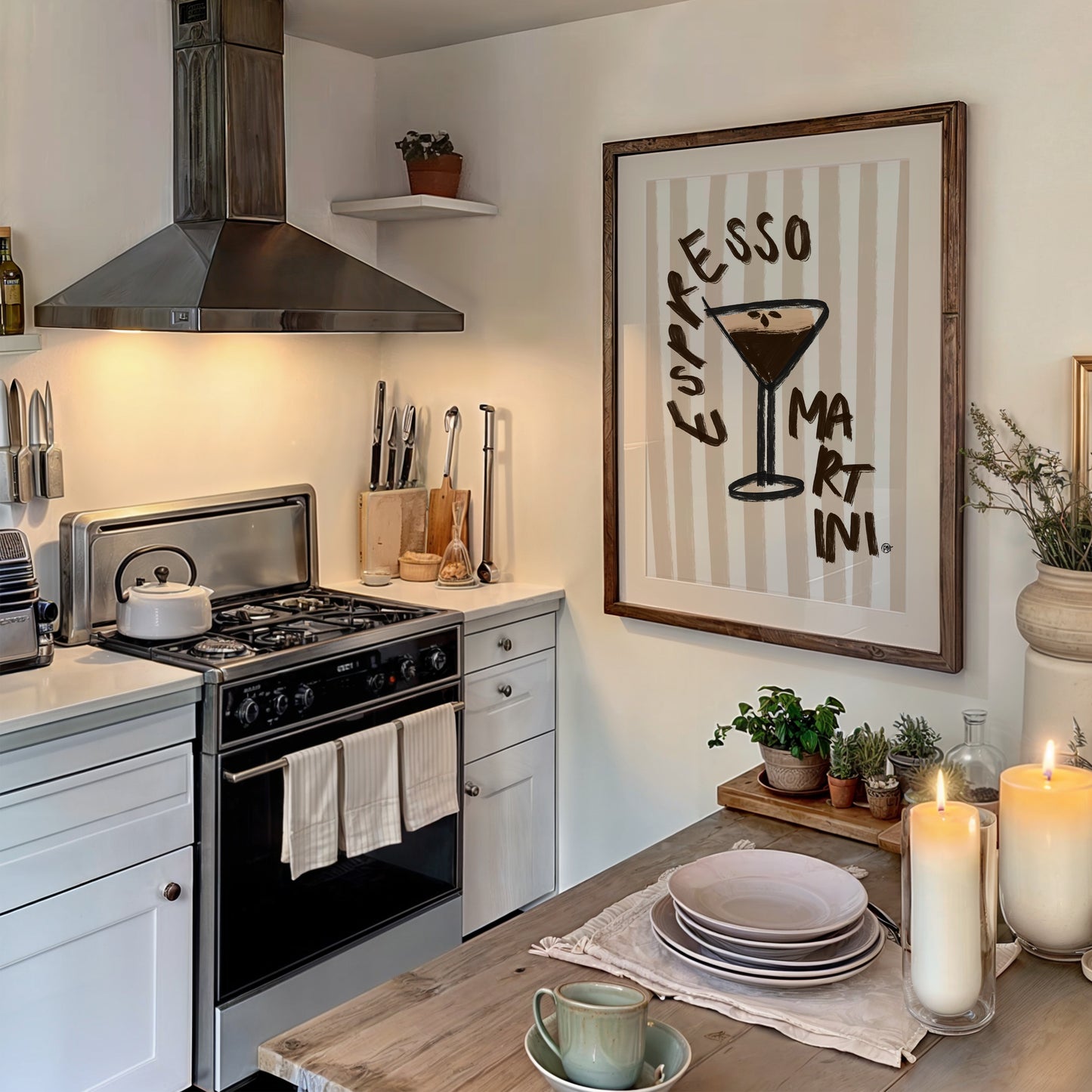 Kitchen with a coffee-themed wall art above a dining area