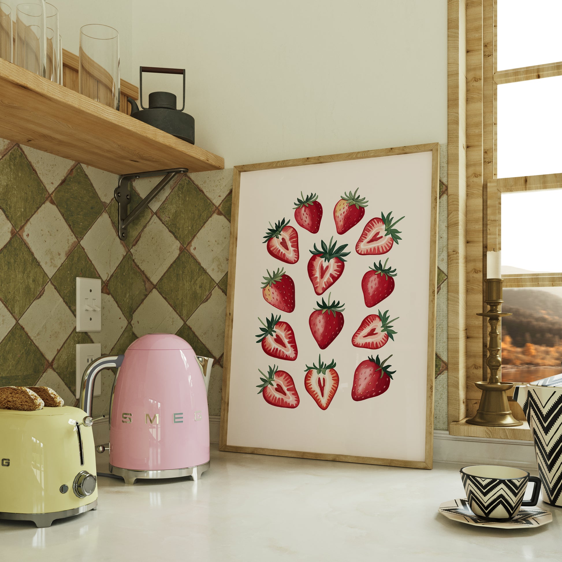 Kitchen interior with a pink SMEG toaster, strawberry-themed artwork, and a yellow toaster.