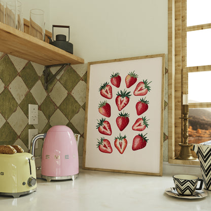 Kitchen interior with a pink SMEG toaster, strawberry-themed artwork, and a yellow toaster.