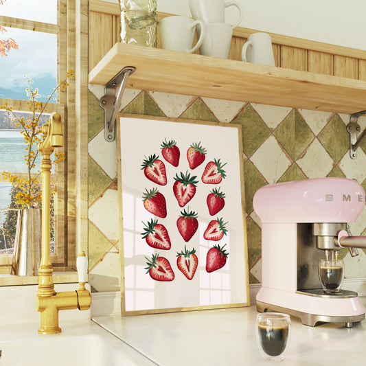 Kitchen interior with a pink Smeg coffee machine, strawberry-themed artwork, and a window view.