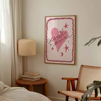 Room interior with a framed artwork of a pink heart and 'sweet dreams' text, a lamp, and a chair.