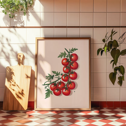 Framed artwork of tomatoes on a kitchen wall with a cutting board and plants.