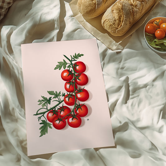 Illustration of a vine of tomatoes on a beige card with bread and tomatoes in the background.