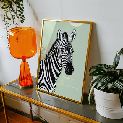 Framed green zebra print on a table with an orange lamp and plant