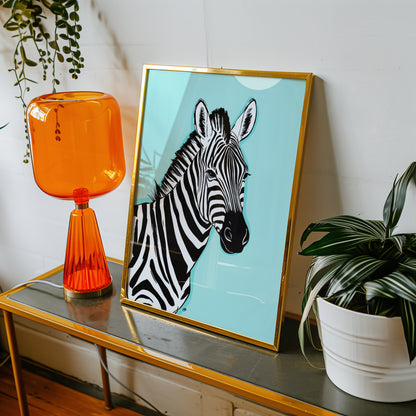 Framed zebra artwork on a table with an orange lamp and plant