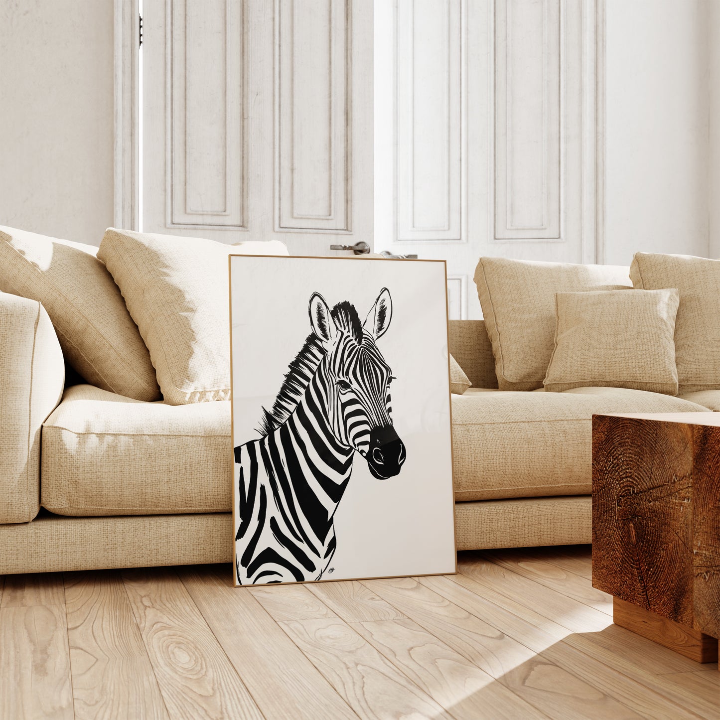 Zebra painting on a wooden floor in a living room with beige sofa and wooden coffee table.