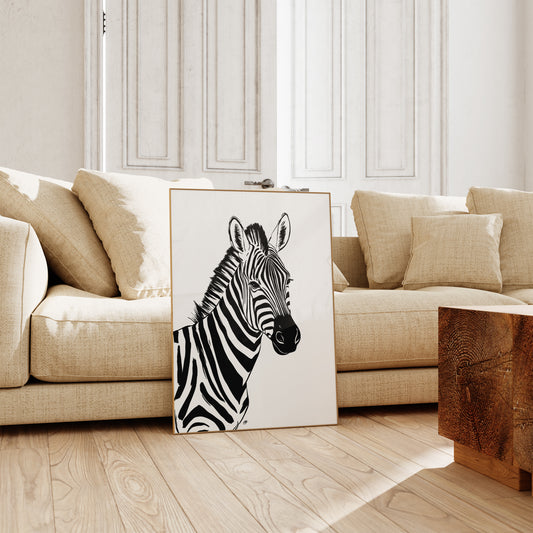 Zebra painting on a wooden floor in a living room with beige sofa and wooden coffee table.