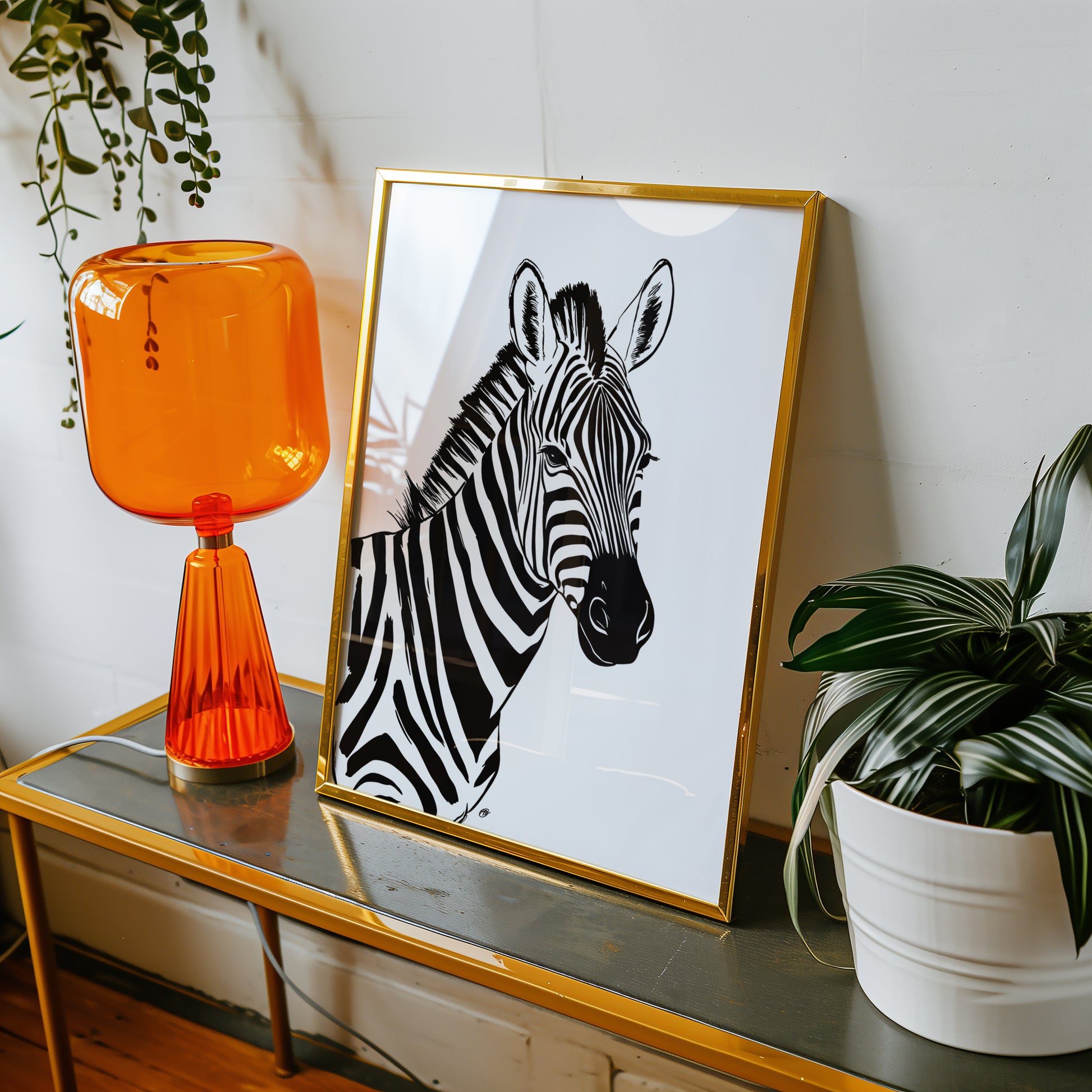 Framed zebra print on a table with an orange lamp and plant