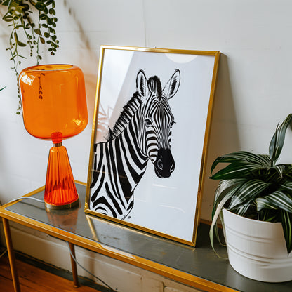 Framed zebra print on a table with an orange lamp and plant
